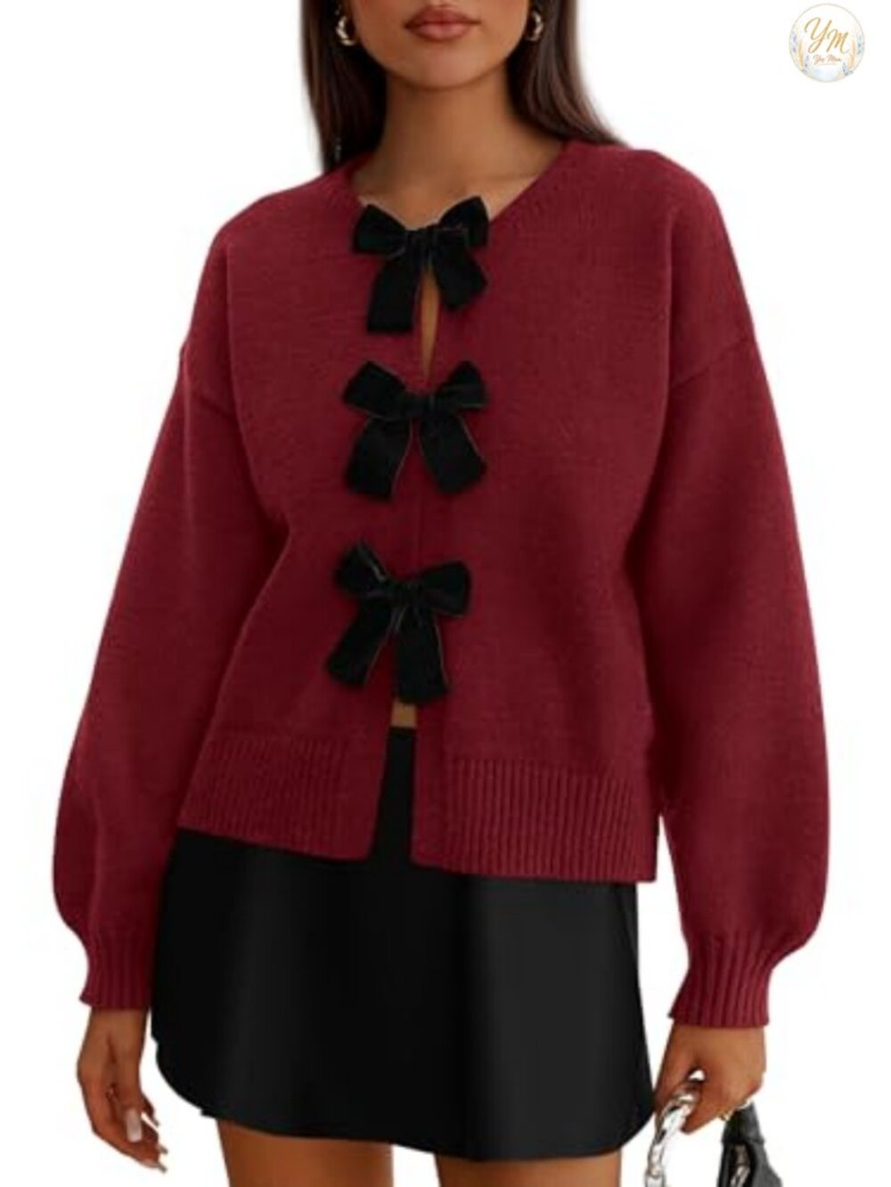 Women's Bow Tie Front Cardigan Sweater Long Sleeve Crewneck Loose Fit